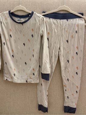 Children's Cream Lightning Bolt Pajama Set with Navy Trim